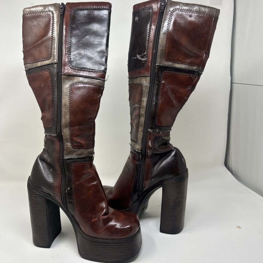 Vintage 90s Y2K Splash Patchwork Platform Boots Chunky Block Heel Women